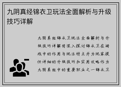 九阴真经锦衣卫玩法全面解析与升级技巧详解